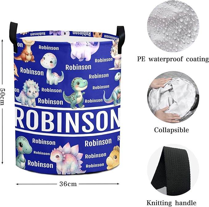Large Custom Name Laundry Hamper, Dinosaur Personalized Dirty Clothes Hamper Storage Basket with Name for Bathroom Bedrooms, Customized Name Circular Hamper with Handles for Baby Boys Girls Men Women