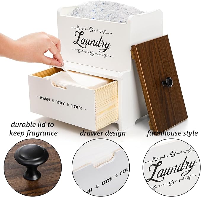 Goaste Dryer Sheet Holder with Drawer, Wood Dryer Sheet Dispenser with Lid, Farmhouse Laundry Pods Container Box, Wall Mount Fabric Softener Organizer for Laundry Room Storage and Organization