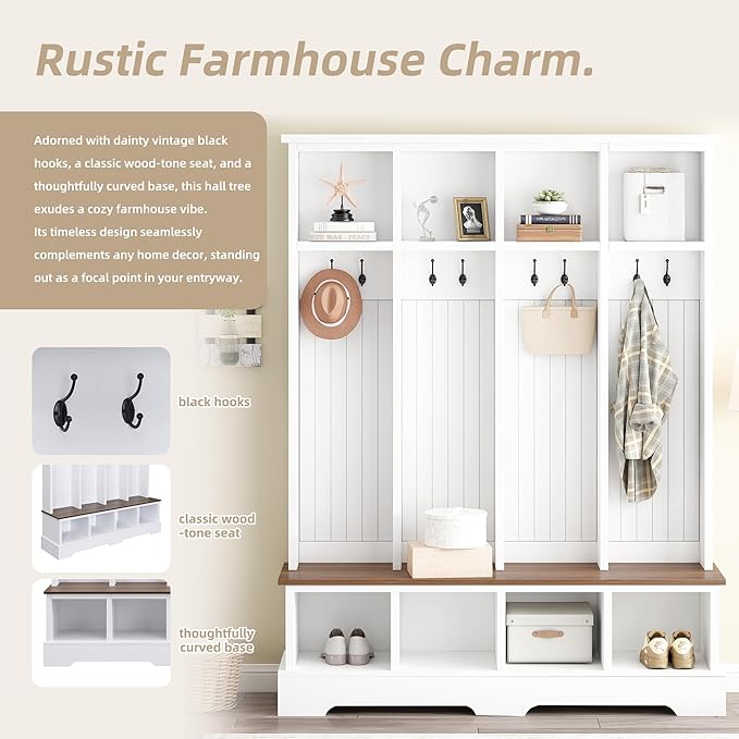 Farmhouse 59" Wide Hall Tree with 8 Hanging Hooks, Wood Grain Bench with Open Compartments, 76.7" H Entryway Shoe Rack Coat Hanger for Living Room Mudroom Hallway (White-8.26)
