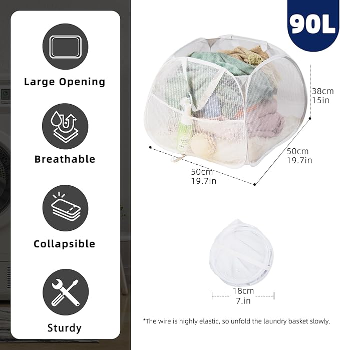 Collapsible Laundry Basket 90L, Foldable Mesh Pop-up Laundry Hamper with Handles, Dirty Clothes Hamper for Laundry with Side Storage Pocket(White, 2PCS)