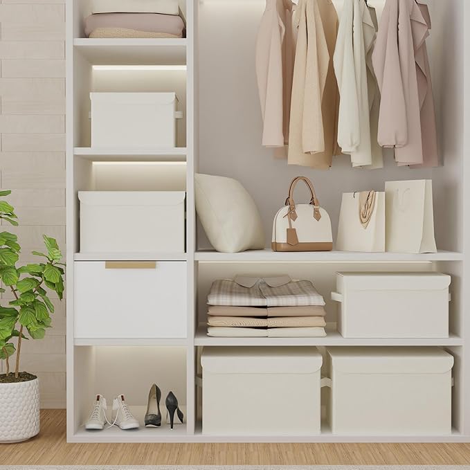 Storage Bins with Lids for Organizing, Closet Boxes with 2 Carrying Handles and Sturdy Heavy Cardboard, Home Organizers Cubes, 4 Pack, Beige, 15 x 9.8 x 9.8 In, XSNY12BEL-4