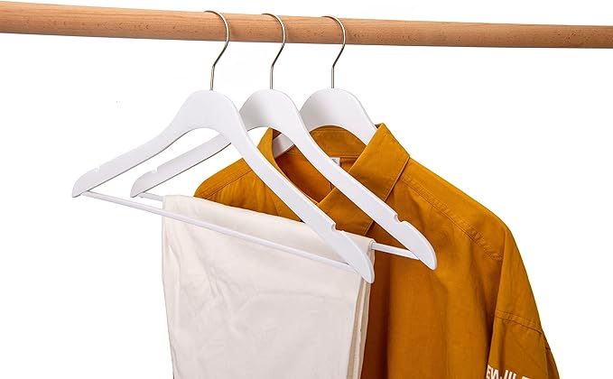 20 Luxury Slim Space Saving Wooden Clothes Hanger with Squared Pant Bar Best for Shirts, Blouses, Pant, Dress, Hangers White (White - Shirt with Pant Bar, 20)
