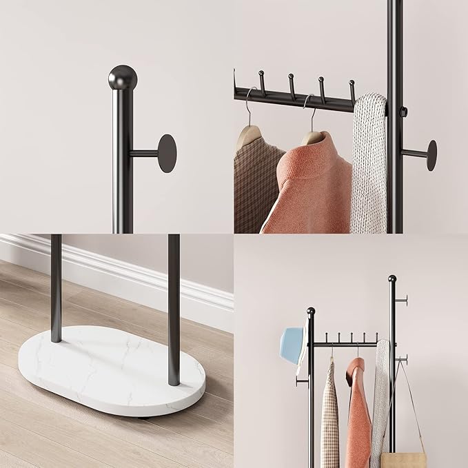 Black Clothing Rack With Shelves, Modern Coat Rack Freestanding with Marble Base, Hat Tree Coat Rack Standing Clothes Racks for Boutique，Bedroom