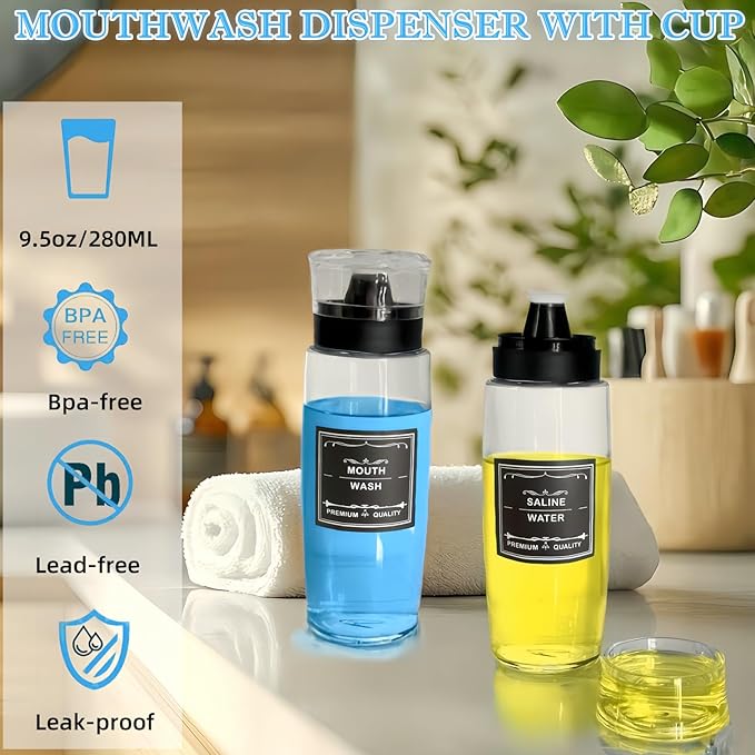 1 Pack Glass Mouthwash Dispenser, Leakproof Mouth Wash Container Bottle with Cup Lid, 9.5 OZ Refillable Clear Mouthwash Dispensers Decanter for Bathroom Farmhouse Decor/6 Pcs Label
