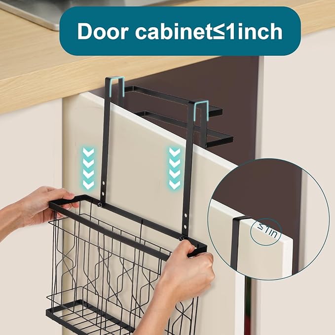 Bekith 2 Pack Cabinet Door Organizer with Double Towel Bar, Over The Cabinet Door Organizer and Storage for Cutting Board, Baking Sheet, Plastic Wrap, Black