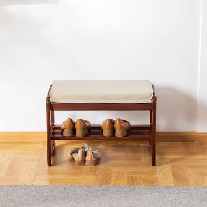 latifolia Solid Wood Bench, Entryway Shoe Bench with Cushion, 2 Tier Shoe Storage Organizer for Hallway, Living Room(Grey,21.65''L)