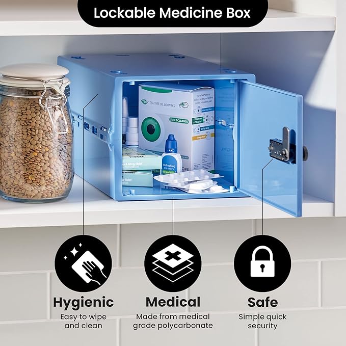 Lockabox One™ | Premium Medicine Lock Box | Medium Medication Lock Box With Code For Medicines, Vitamins & Supplements | External Size 12 x 8 x 6.6 inches (Medi Blue)
