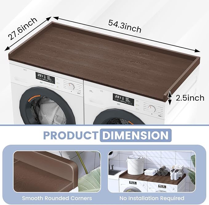 Sundale HDPE Washer Dryer Countertop, No-Installation Laundry Topper for Washer and Dryer, Waterproof Odorless Countertop for Laundry Room Storage, 27.5" x 54" (Brown)