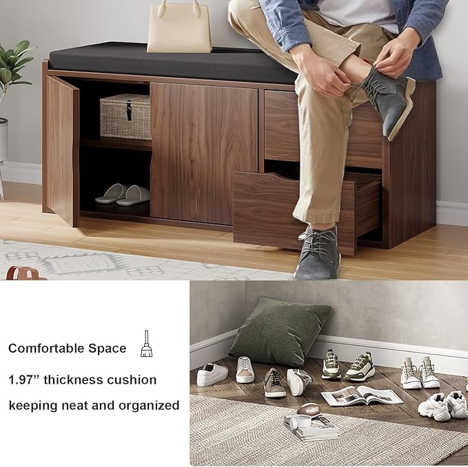 LVB 40” Entryway Storage Bench with Padded Seat Cushion, Wood Hidden Shoe Organizer Bench with 2 Drawers Cabinet, Industrial Shoe Bench for Foyer Entrance Living Bedroom, Walnut Oak, 40 inch