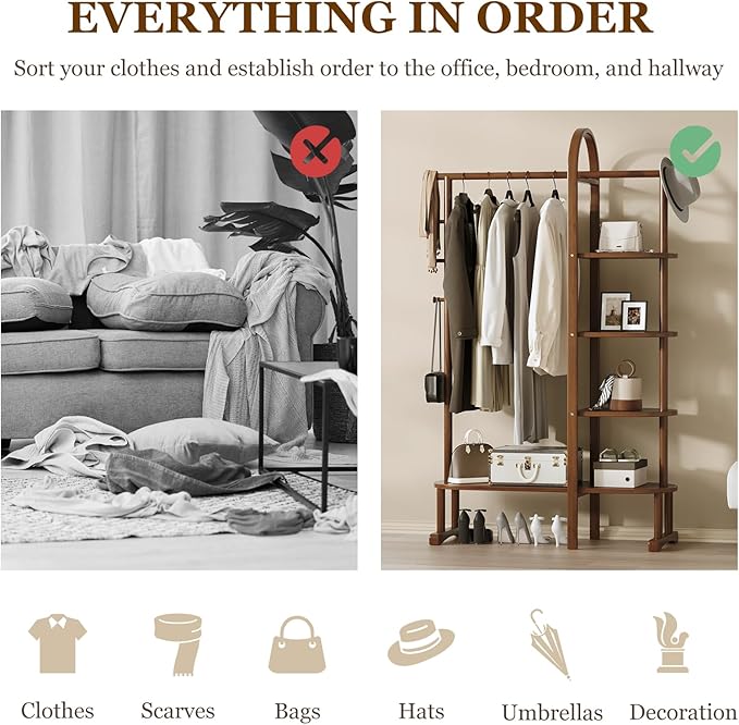 Solid Wood Clothing Rack with 4 Shelves Storage and 5 Wooden Hooks Clothes Rack,Multi-functional Coat Rack for Clothes, Shoes, Bags, Coat rack for Bedroom Entryway Living Room Hotel,Walnut