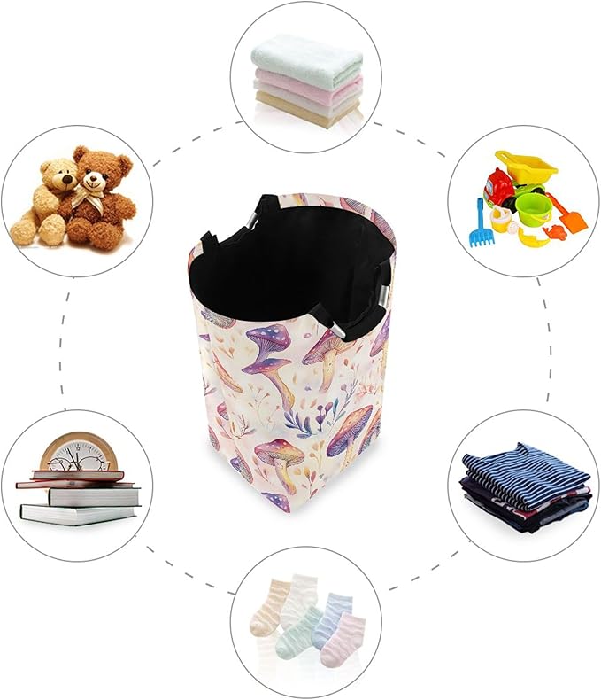 xigua Watercolor Cute Mushrooms Large Laundry Hamper with Handle, Foldable Clothes Hamper Collapsible Storage Basket for Toys and Clothes Organization in Bedroom, Bathroom, and Laundry Room