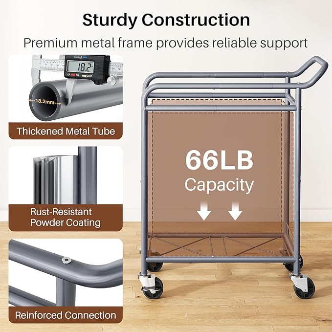Laundry Basket with Wheels,150L Large Rolling Laundry Hamper, Heavy-Duty Laundry Cart Sturdy Metal Frame with Handle, Minimizes Bending Easy Access Clothing for Bedroom, Bathroom, Laundry Room (Beige)