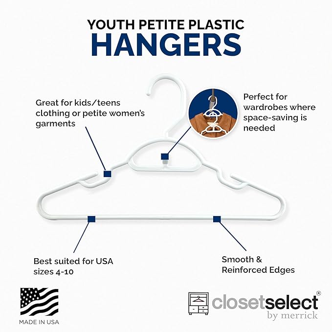 Youth Hangers 30 Pack - 13 Inch Plastic Youth Petite & Childrens Hangers for Closet, Baby Hangers for Children Clothes Sizes 4 to 10, Non-Slip Infant hangers with Shoulder Grooves | White
