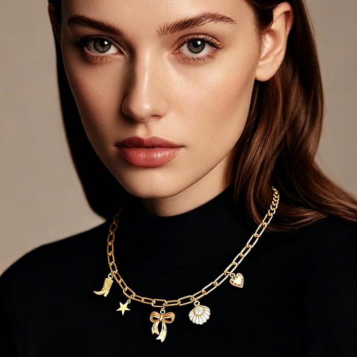 Chunky Gold Necklace for Women Gold Evil Eye Cowboy Pendant Necklace Dainty Paperclip Chain Vintage Luck Amulet Choker Necklaces Celestial Jewelry Gift