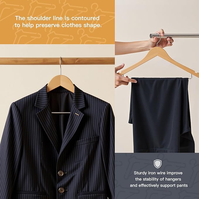 Wooden Hangers 30 Pack,Wood Hanger with Iron Pants Bar, Heavy Duty Coat Hanger, with 360-degree Hook，Smooth Finish Wooden Clothes Hangers, Sturdy Clothes Hangers for Suit Coat Jacket Pants Natural