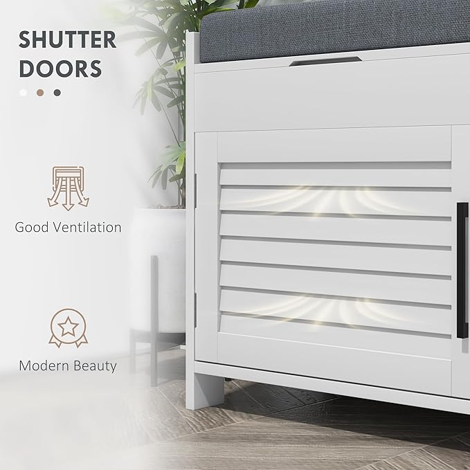 HOMCOM Entryway Bench with Shoe Storage, Cushion, Hidden Compartments, Adjustable Shelves and Shutter Doors, 35.4" Organizer for Entryway, Hallway, Holds Up to 352 lbs., White