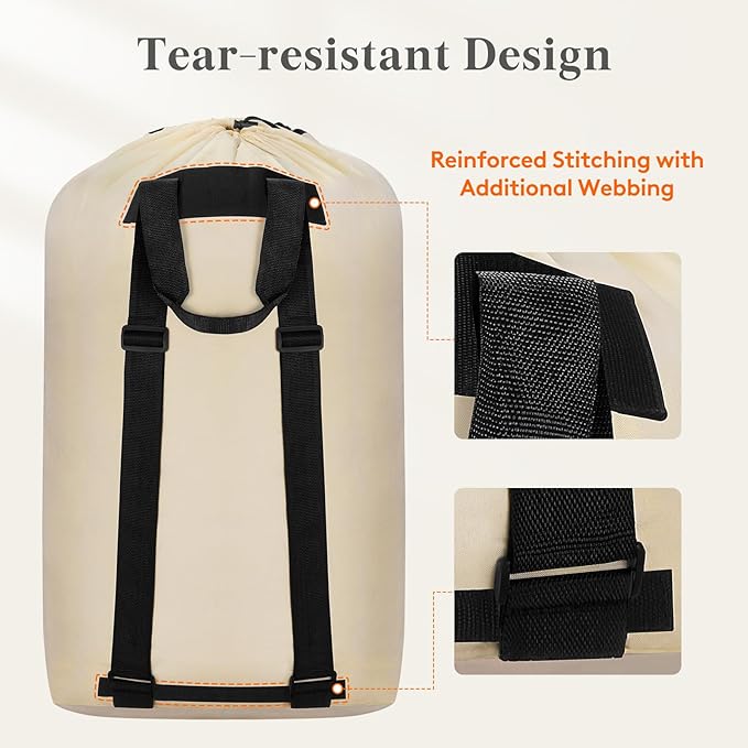 Lifewit Laundry Bag, Extra Large Laundry Backpack with Shoulder Straps and Mesh Pocket for Laundromat, Heavy Duty Laundry Bag Backpack for Dirty Clothes for College Dorm/Travel/Apartment, 120L, Khaki