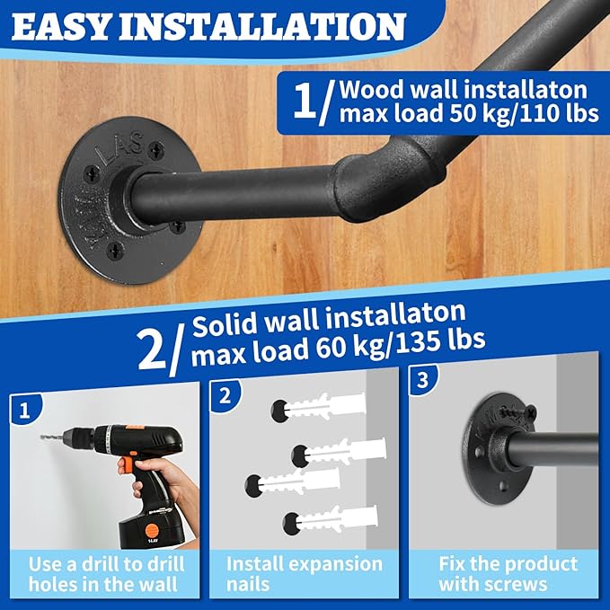 21" Industrial Pipe Clothing Rack,2pcs Black Heavy Duty Wall Mounted Clothe Racks,Multi Functional Clothes Hanger, Laundry Room, Closet Storage,Retail Display of Wardrobe