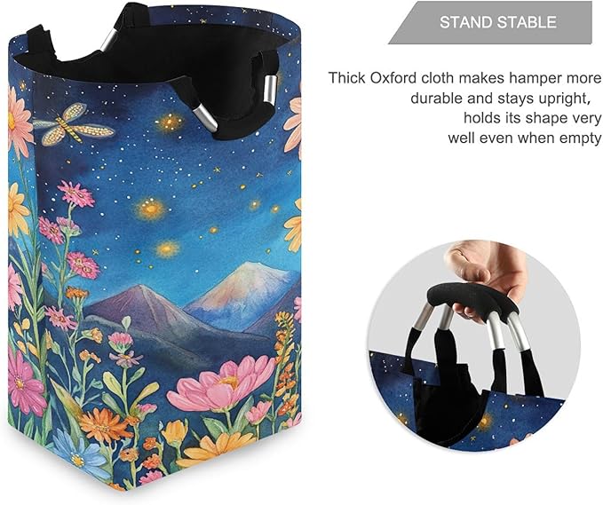 xigua Wildflowers with Mountains Large Laundry Hamper with Handle, Foldable Clothes Hamper Collapsible Storage Basket for Toys and Clothes Organization in Bedroom, Bathroom, and Laundry Room
