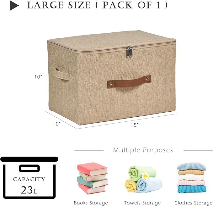 Storage Bins with Zipper Lid Cotton Linen Fabric Lidded Storage Baskets Boxes Foldable Washable Closet Shelf Clothes Organizer Container with PU Leather Handles (Linen, Large)