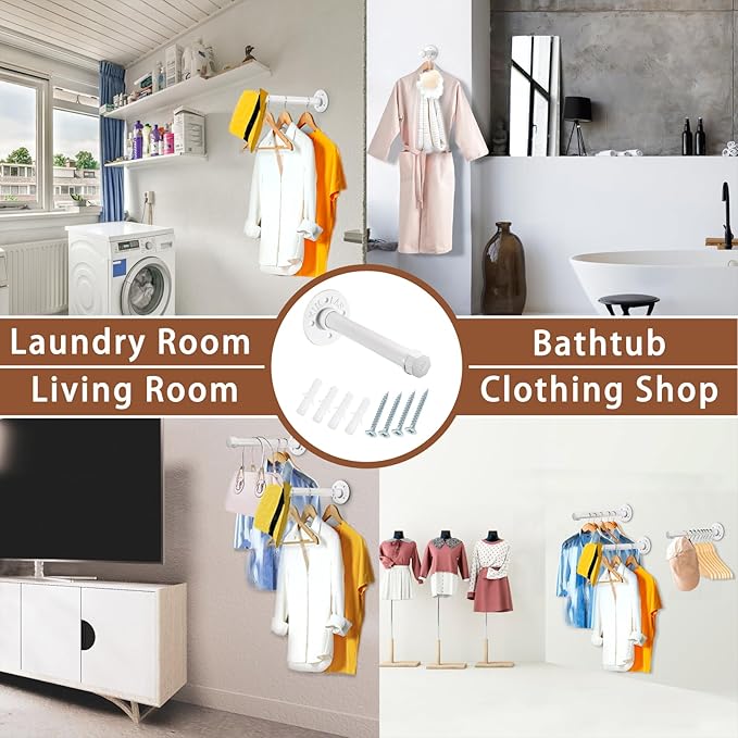Sumnacon 2 Pcs 10 Inch Industrial Pipe Clothes Bar - Heavy Duty Rustic Metal Coat Hanger with Screws,Wall-Mounted Garment Holder Rack for Bedroom Bathroom Wardrobe Boutique Clothing Store,White