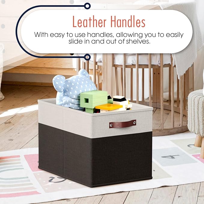 Ornavo Home 13 x 15 x 13 Kallax Storage Cube Bins, Foldable Collapsible Fabric Storage Bins Box Linen Shelf Basket Cube Organizer for Closet with Leather Handles, 6 Pack, White/Black