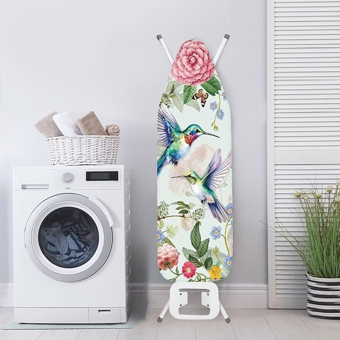 GLENLCWE Blue Hummingbird Peony Ironing Board Cover,Standard Size Iron Pad Covers Non Slip with Hook and Loop,Thick Padding Iron Board Cover Washable