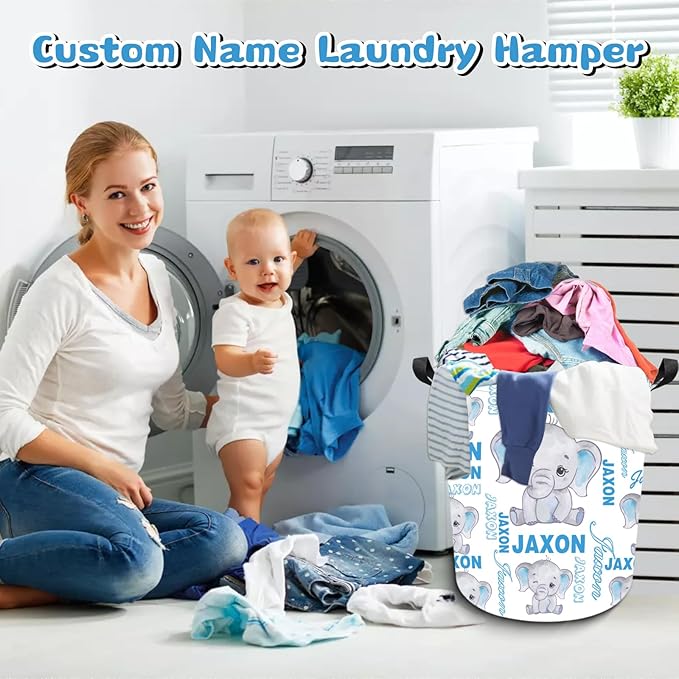 Personalized Laundry Hamper Custom Kids Dirty Clothes Hamper with Name Storage Basket for Bathroom Bedrooms Nursery for Baby Girls Boys Adults (Style-Blue Elephant)