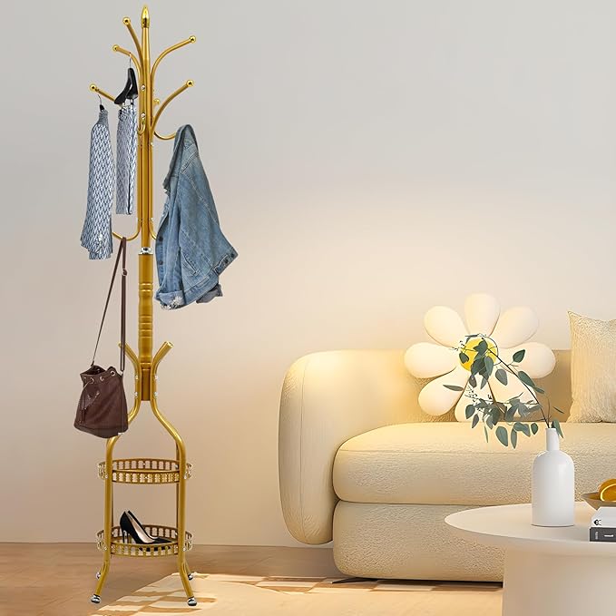 Metal Coat Rack Stand Freestanding Hat Hall Tree Clothes Rack Holder Modern Clothing Garment Hanger Stand with Double Layer Storage Basket and Hooks for Hanging Scarf Bag for Entryway Bedroom (Gold)
