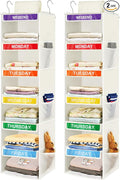 2 Pack 6-Shelf Weekly Clothes Organizer for Kids, Hanging Daily Closet Organization with 6 Side Pockets, Days of The Week Clothing Divider Storage for Boys and Girls (White)
