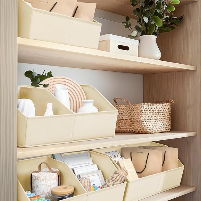 Closet Organizers and Storage Bins - 4 Pack Collapsible Divided Trapezoidal Cube Storage Bins Baskets with Orange Handle for Organizing Clothes Blankets, Toys, Books, Towels(Beige)