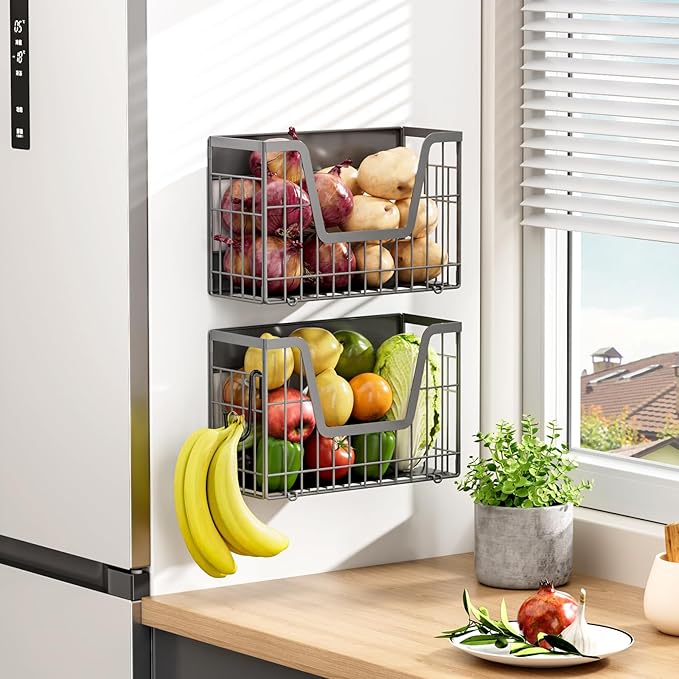 Grey Magnetic Shelf for Fridge, 2 Set Potato and Onion Storage Bins, Magnetic Fruit Basket for Fridge Pantry Organizers & Storage, Magnetic Spice Rack for Refrigerator Kitchen Counter, Cabinet