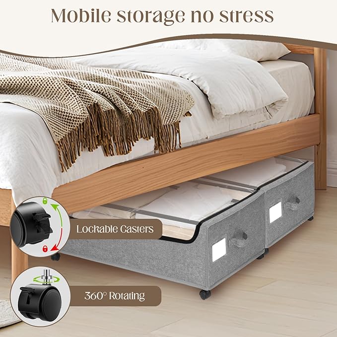 Under Bed Storage with Wheels, 2 Pack Under Bed Storage Containers, 10.6 inches Tall Underbed storage bins on Wheels, Rolling Under the Bed Metal Drawers for Clothes, Blankets, Shoes (XXXL, 90L)