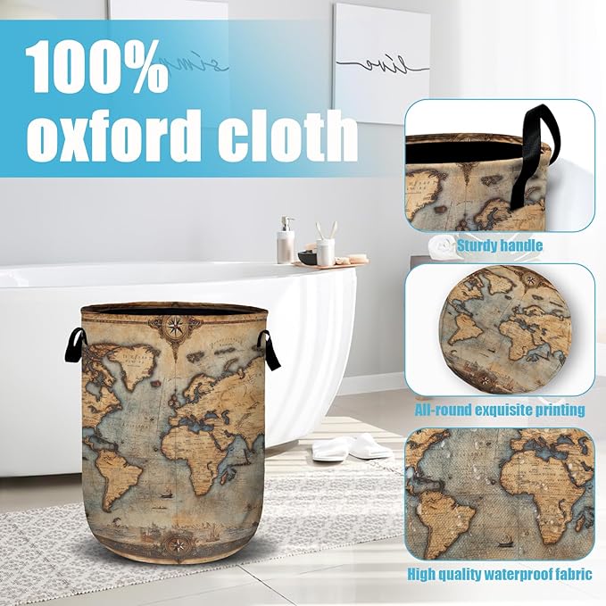 Antique World Map Laundry Basket, Laundry Hamper Collapsible Oxford Cloth with Handle Clothes Toy Storage Bin for Bathroom Laundry Room Bedroom 15.7 X 20 Inch