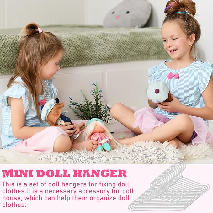 Jenaai 50 Pcs Doll Clothes Hanger 2.56 in Metal White Doll Outfit Hanger Mini Clothes Hangers for Wardrobe, Dresses, Skirts, and Accessories