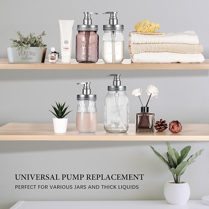 Amolliar Plastic Mason Jar Soap Dispenser Lids - Universal Pump Replacement for Regular Mouth Jar Farmhouse Decor for Kitchen, Bathroom, Dish Soap, Lotions, Hand Soap (2 Pack, Silver)