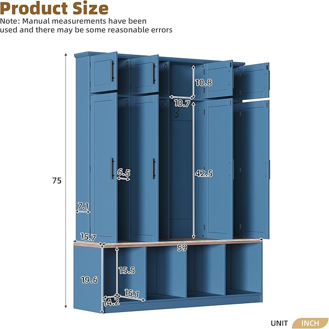 75" H Farmhouse Hall Tree with Storage, Versatile 4-in-1 Coat Hanger with 4 Hidden Hanging Hooks, 8 Doors, Entryway Shoe Cabinet with Open Compartments for Living Room