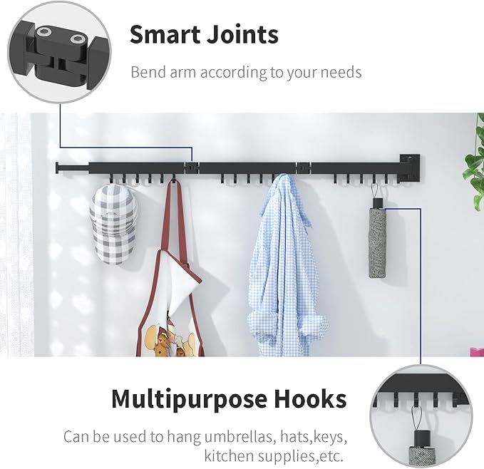 ptlsy Wall Mounted Portable Folding Clothes Drying Rack with Hooks,Space Saver Clothes Hangers Design Universal for Balcony, Mudroom, Bedroom, Kitchen, Foldable Laundry Rack (3-Pole Black)