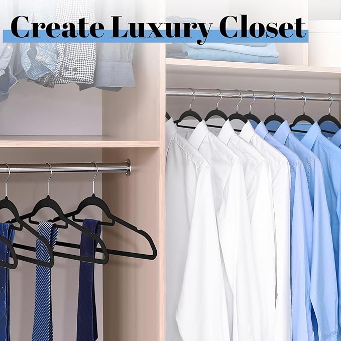 Smartor Black Velvet Hangers 60 Pack, Space Saving Clothes Hangers with Tie Bar, Non-Slip Felt Hanger with Shoulder Notches, Heavy Duty Suit Hanger for Coat, Shirt, Pants, Dress