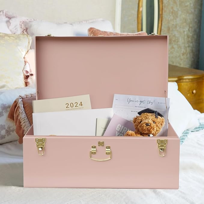 Vixdonos Decorative Box Set of 3 Metal Trunks Chest with Safety Lock Clasp for Treasure Organization and Home Dorm Decor,26.8x16.5x11Inches