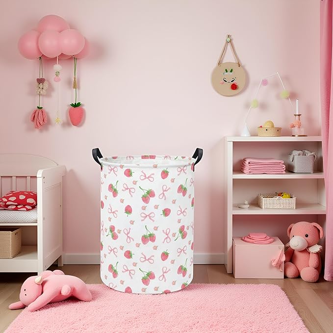 Baby Laundry Hamper kids laundry Basket Waterproof Storage Bin for Bedroom Toy Clothes Organizer Basket Woodland Animals Room Décor(Bowknot Strawberry)