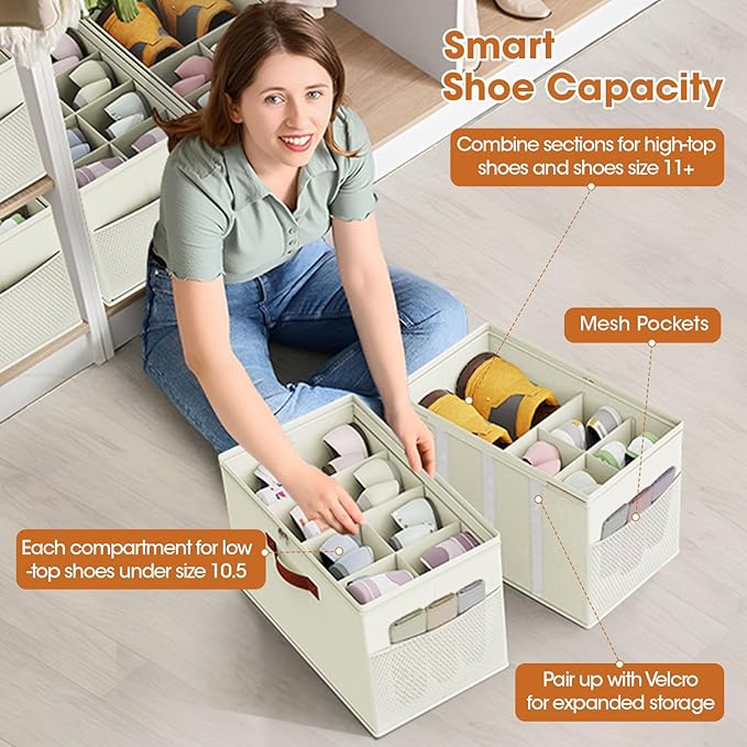 4 Pack Shoe Organizer for Closet,Foldable Shoe Storage Organizer with Adjustable Dividers, Shoe Storage Box with Clear Cover, Fits up to 16 Pairs, Beige