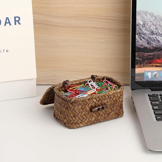 Seagrass Basket Bin with Lid Mini Size Handwoven Wicker Storage Container Storage Basket Decorative Desktop Organizer for Shelf Bathroom Home Decor, 4.3"x2.5"x2.1"