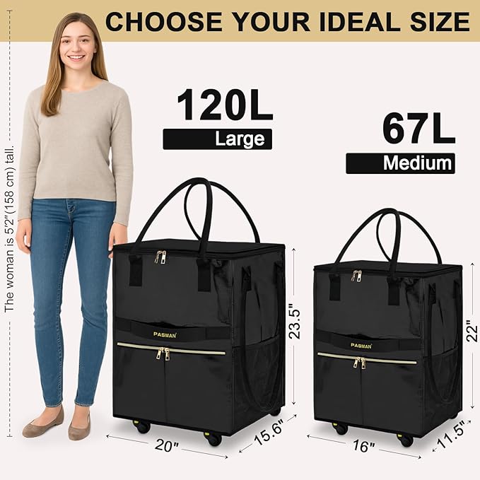 Reusable Grocery Bag on 5 Wheels, Foldable Rolling Tote Bag with Handle and Zipper Cover, 4 Pockets, Heavy Duty Shopping Cart for Laundry, Market & Trave (Black, Medium_67L)