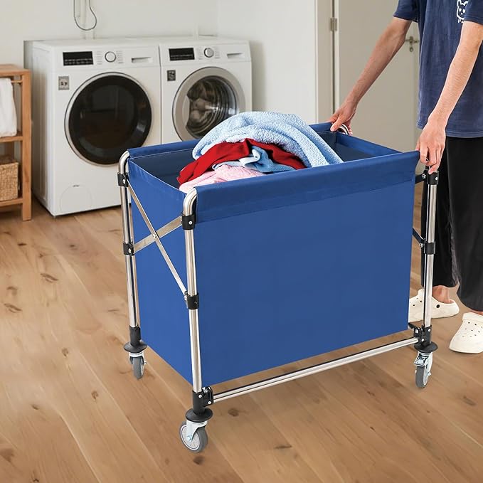 Commercial Laundry Cart with Wheels, 440lbs Rolling Laundry Basket, Heavy Duty Folding Laundry Cart with Oxford Cloth Hamper, 34.25 * 20.47 * 30.7in for Home, Dorm, Hotel, and Commercial Use (Blue)