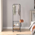 VECELO Metal Coat Rack Stand with Anti-Drop Design, Space Saving Hall Trees with Steel Basket,Small Garment Organizer with 2 Handy Cloth Rails and Slipper Space, Rectangle, Rustic Brown
