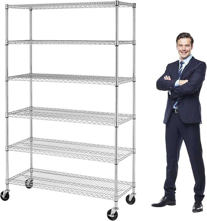6-Tier Heavy Duty Wire Shelving Unit with Wheels or Leveling Feet, 6000 LBS Total Capacity, Adjustable Metal Storage Rack for Garage, Pantry, Kitchen, Basement, 48" W x 18" D x 76" H, Chrome