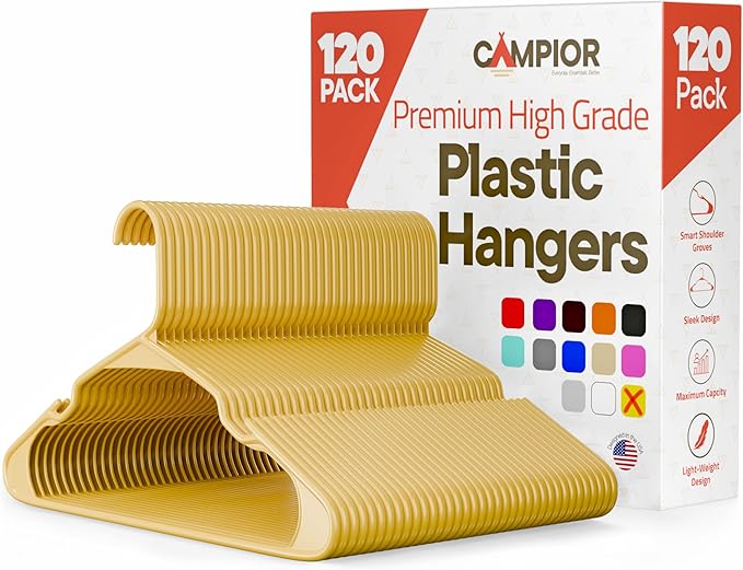Plastic Clothes Hangers – Heavy Duty Hanger Set, for Organizing Clothes, Dresses, and Coat, Holds Up to 5 lbs, Space-Saving Hangers with Non-Slip Shoulder Grooves, Pack of 120, Yellow