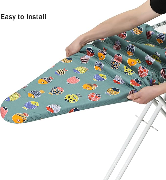 Ironing Board Cover and Pad Standard Size 15" x 54",3 Pairs of Hook and Loop Fastener Straps,Elastic Edges,Cotton Iron Board Cover with Scorch Resistant Thick Padding(Green+Fishes)