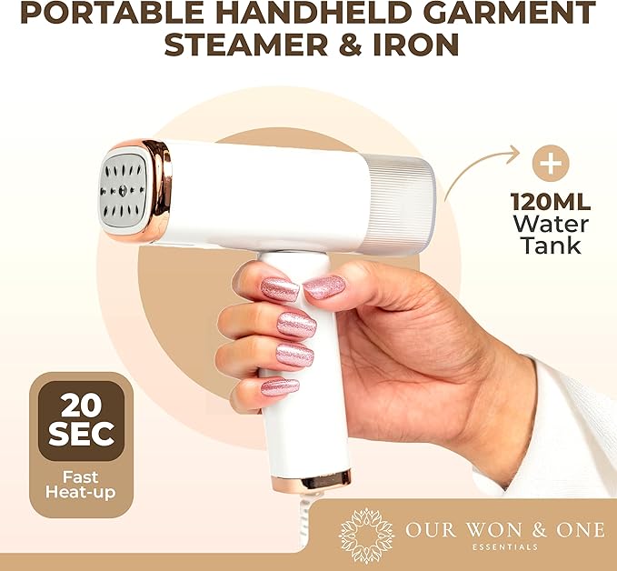 Travel Essentials : Steamer for Clothes - Home or Travel Steamer & Iron, White with Rose Gold Accents, 1000W Steam, Fast Heat Up, Removes Wrinkles in Seconds, a must-add to Travel Accessories
